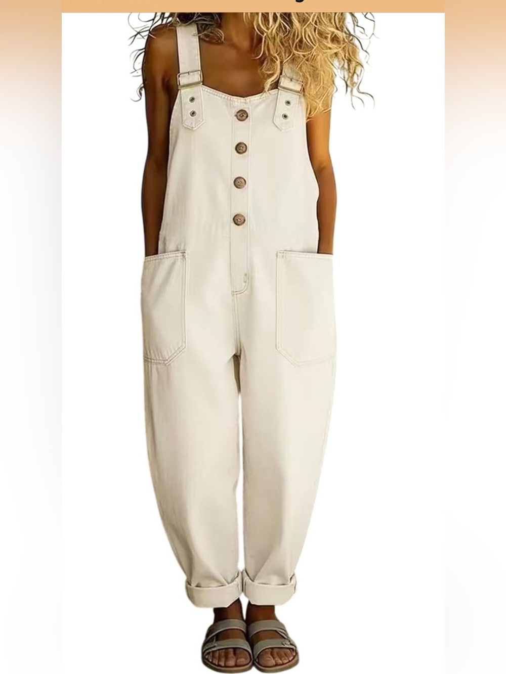 Cream Button-Front Casual Overalls
